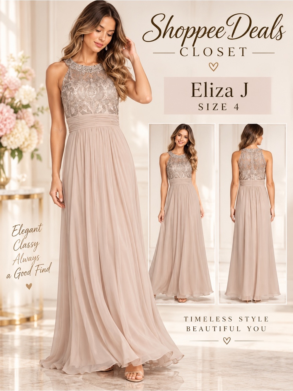 Eliza J Crystal Embellished Lace Chiffon Column Gown size 4